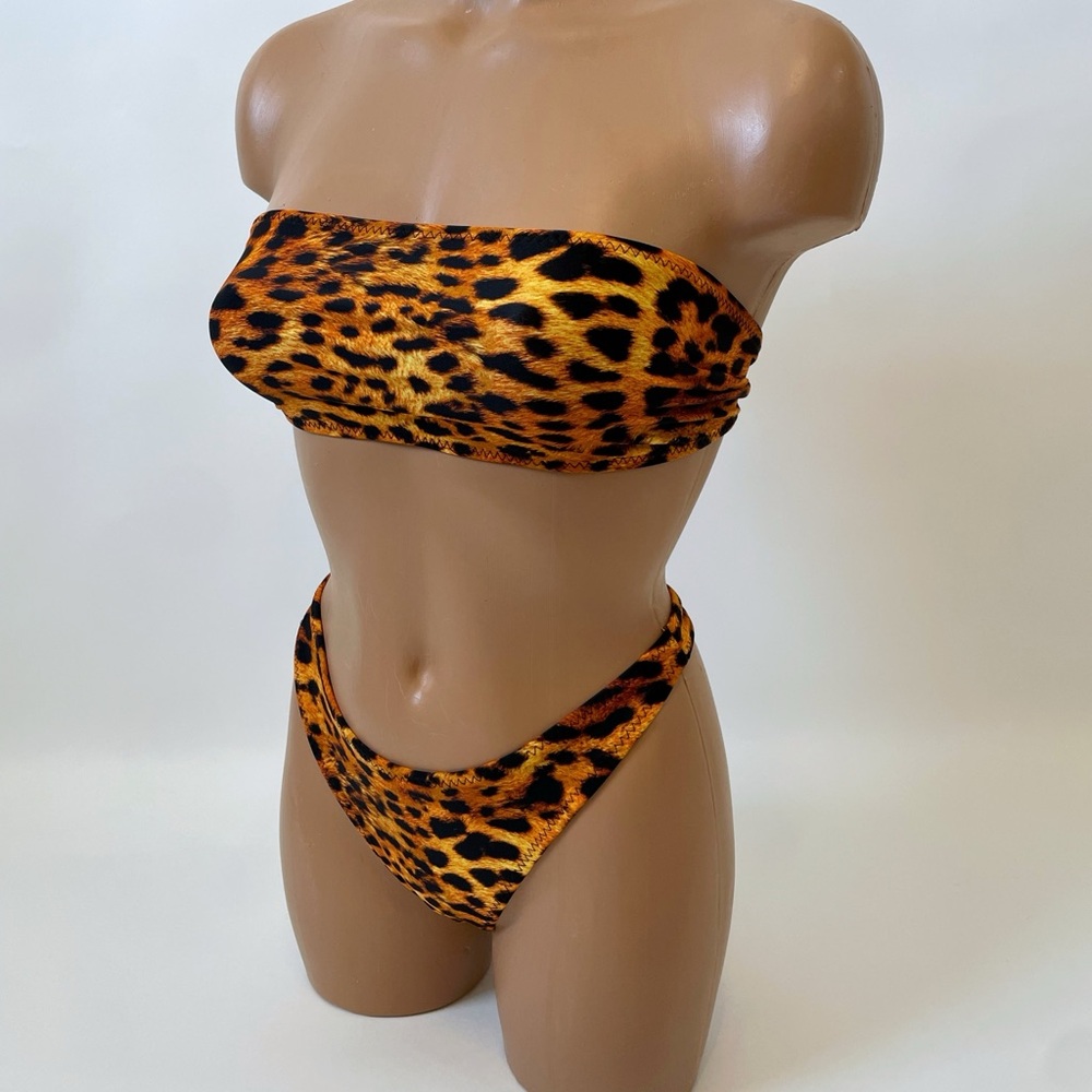 Leopard Print Bandeau Bikini Thong Set
